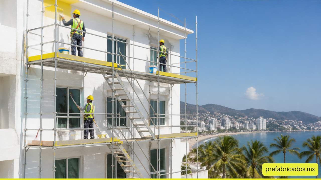 Andamio tubular con plataformas y barandales instalado frente a una fachada en Acapulco.